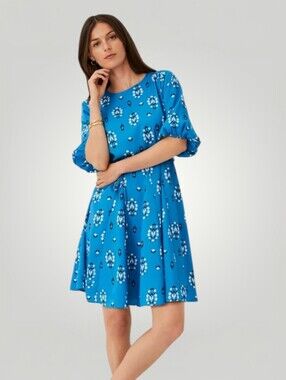 Ann Taylor Women's Medium Blue Floral Fit & Flare Midi Dress Balloon Sleeve Neq